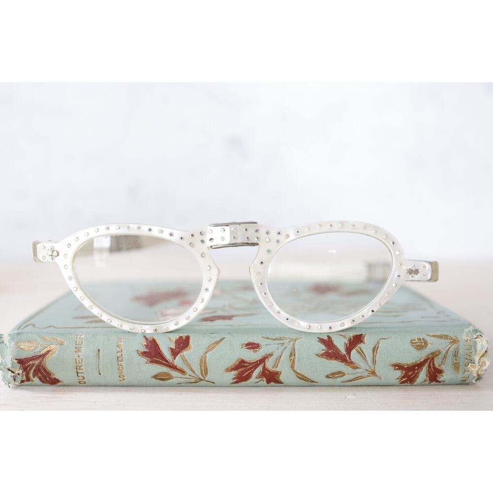 VTG Folding Cat Eye Eyeglasses Rhinestones Mother of Pearl France PARTS REPAIR